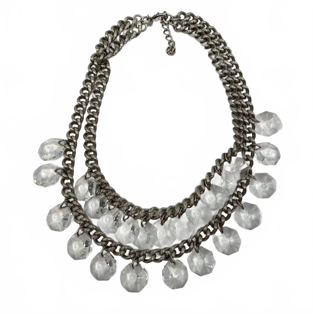 Stella & Dot Silver Clear Crystal Chunky Layered Chain Necklace | OS Regular
